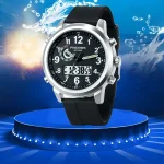 Orologio sportivo digitale e analogico resistente all'acqua, con cinturino in silicone nero, perfetto per attività all'aperto e sport acquatici.