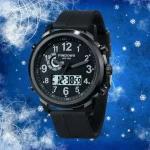 Orologio sportivo con display digitale e lancette analogiche, resistente all'acqua fino a 50 metri, perfetto per attività all'aperto e uso quotidiano.