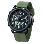 Orologio militare con display digitale e lancette analogiche, cinturino in silicone verde, resistente all'acqua fino a 50 metri, ideale per attività outdoor e uso quotidiano.