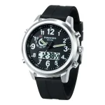 Orologio PINDOWS con quadrante nero, display digitale e lancette analogiche, resistente all'acqua fino a 50 metri, cinturino in silicone nero, perfetto per appassionati di orologi sportivi e casual.