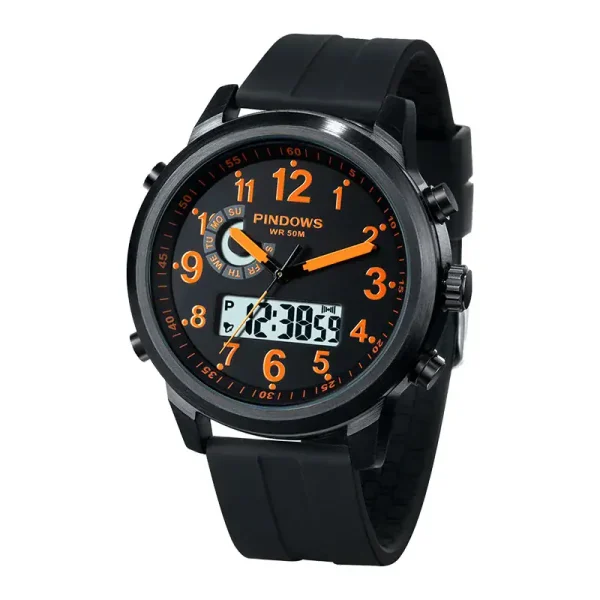 Orologio PINDOWS con display digitale e lancette analogiche, resistente all'acqua fino a 50 metri, ideale per attività sportive e uso quotidiano.