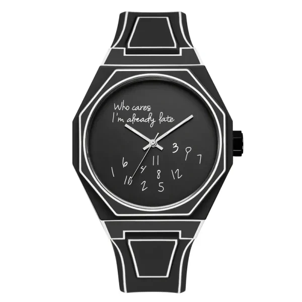 Orologio da polso con design scientifico e citazione "Who cares, I'm already late" in stile moderno, ideale come decorazione originale e oggetto di design per appassionati di scienza.