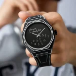 Orologio da polso con quadrante nero e scritta "Who cares I'm already late" in stile moderno, perfetto come decorazione scientifica originale e originale regalo a tema scienza.