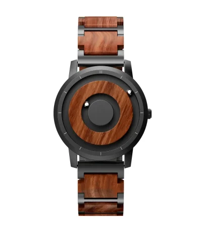 Orologio da polso in legno e metallo con design moderno e elegante, perfetto come decorazione scientifica e accessorio di stile.