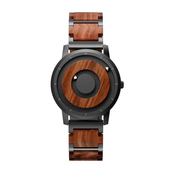 Orologio da polso in legno e metallo con design moderno e elegante, perfetto come decorazione scientifica e accessorio di stile.