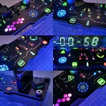 Pannello di circuiti elettronici con luci LED colorate, elementi decorativi e simboli scientifici, ideale per appassionati di tecnologia e decorazioni a tema scientifico.