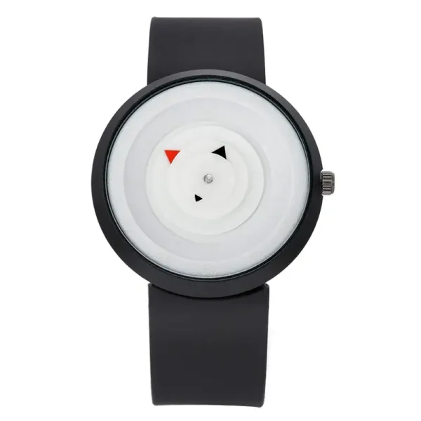 Orologio con design scientifico minimalista, quadrante bianco con indicatori rossi e neri, cinturino nero, perfetto come decorazione scientifica moderna.