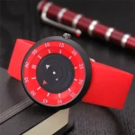 Orologio scientifico con design innovativo, cinturino rosso e quadrante nero, perfetto come decorazione o oggetto da collezione scientifica.