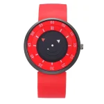 Orologio con quadrante rotante e cinturino rosso, ispirato a strumenti scientifici, ideale come decorazione originale e funzionale per appassionati di scienza e tecnologia.