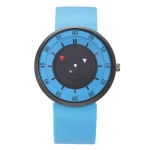 Orologio scientifico con design innovativo, quadrante rotante e cinturino blu, perfetto come decorazione o oggetto da collezione scientifica.