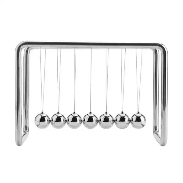 Péndolo di Newton in acciaio inox, esempio di oggetto scientifico decorativo, perfetto per studi e decorazioni da laboratorio o casa.
