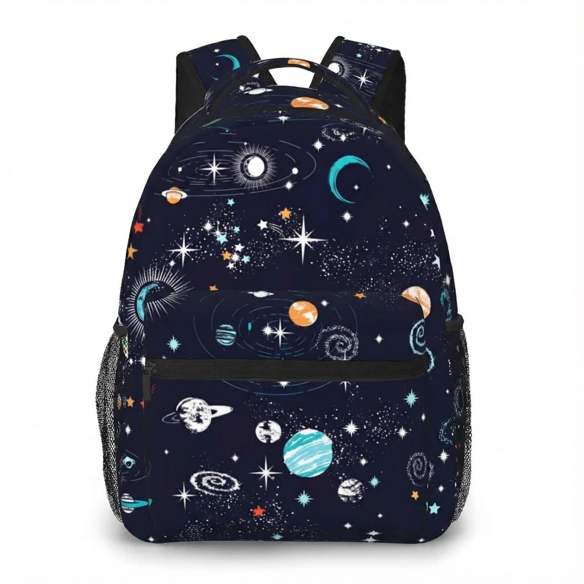 Zaino con motivo cosmico Zaino con stampa di pianeti, stelle e galassie su sfondo blu, perfetto per appassionati di astronomia e scienza.