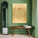 Immagine dell'Uomo Vitruviano di Leonardo da Vinci, disegno iconico che illustra le proporzioni umane e l'armonia del corpo umano. Perfetto come decorazione scientifica o da studio.