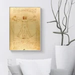 Immagine di un disegno di Leonardo da Vinci raffigurante la figura umana di Vitruvio, accompagnato da scritte storiche, appeso su una parete bianca con una pianta decorativa accanto.