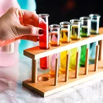 Esperimento con provette colorate in supporto di legno, ideale per decorazioni scientifiche e attività educative.