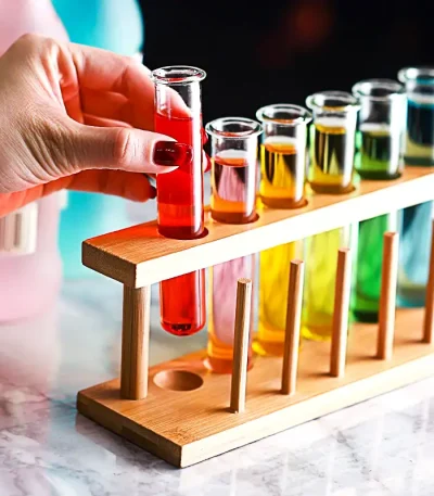 Esperimento con provette colorate in supporto di legno, ideale per decorazioni scientifiche e attività educative.