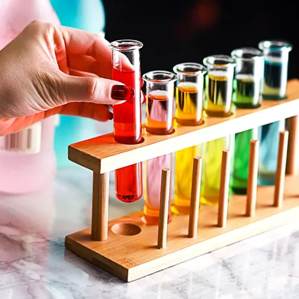 Esperimento con provette colorate in supporto di legno, ideale per decorazioni scientifiche e attività educative.