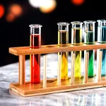 Provetta con liquidi colorati in un esperimento scientifico, su supporto in legno, simbolo di ricerca e scoperta scientifica.
