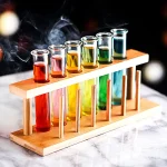 Set di provette di vetro con liquidi colorati su supporto di legno, atmosfera di laboratorio scientifico.