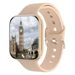 Orologio smart con schermo digitale che mostra l'immagine di Big Ben a Londra, con data e ora visualizzate chiaramente, cinturino in silicone beige.