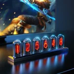 Pannello di numeri a 7 segmenti in vetro con luci LED rosse, ideale per decorazioni scientifiche e ambienti educativi.