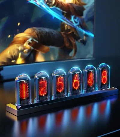 Pannello di numeri a 7 segmenti in vetro con luci LED rosse, ideale per decorazioni scientifiche e ambienti educativi.