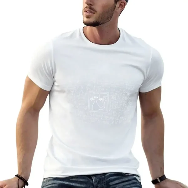 Uomo con T-shirt bianca con stampa scientifica minimalista, casual e moderno, ideale per appassionati di scienza e decorazioni scientifiche.