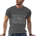 Maglietta grigia con stampa di un gatto e formule scientifiche, perfetta per appassionati di scienza e animali. Design originale e casual, ideale per un look informale e intellettuale.
