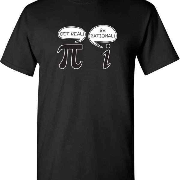 Maglietta nera con stampa di simboli matematici e scientifici, tra cui il pi greco e il simbolo dell'informazione, con frasi motivazionali come "Get real!" e "Be rational!".