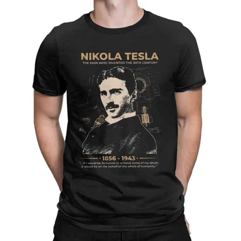 Maglietta con immagine di Nikola Tesla, inventore e pioniere dell'energia elettrica, con dettagli storici e citazione.