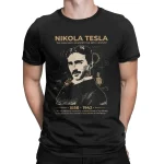 Maglietta con immagine di Nikola Tesla, inventore e pioniere dell'energia elettrica, con dettagli storici e citazione.