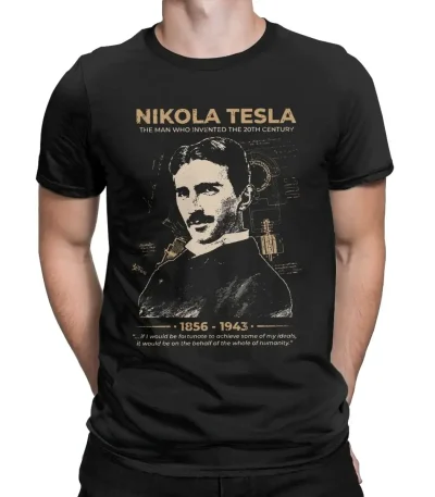Maglietta con immagine di Nikola Tesla, inventore e pioniere dell'energia elettrica, con dettagli storici e citazione.