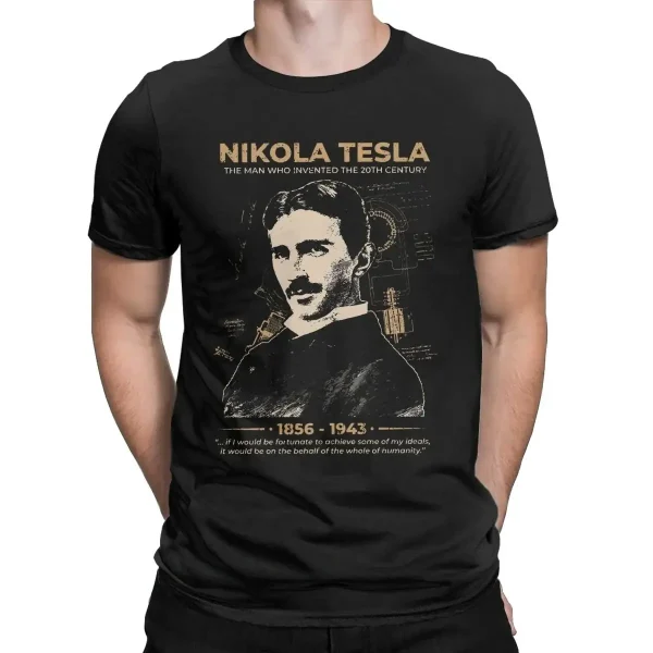 Maglietta con immagine di Nikola Tesla, inventore e pioniere dell'energia elettrica, con dettagli storici e citazione.