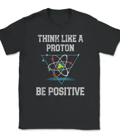 T-shirt con grafica atomica e messaggio motivazionale.