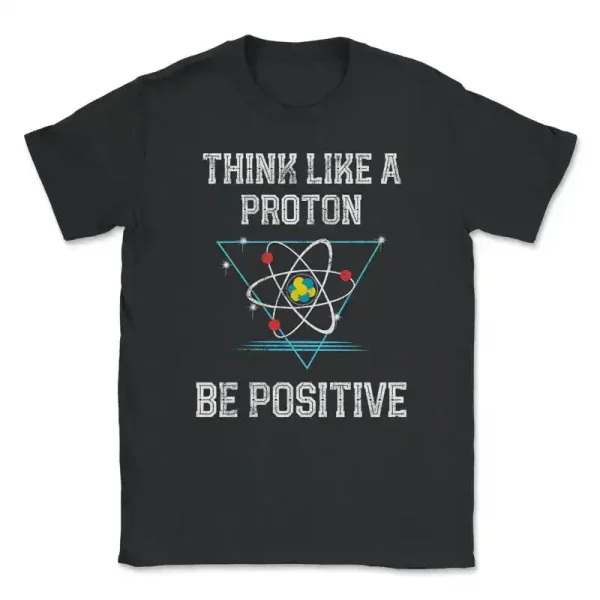 T-shirt con grafica atomica e messaggio motivazionale.