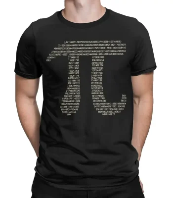 Maglietta nera con numeri e formule matematiche in bianco, ispirata alla scienza e alla matematica, perfetta per appassionati di scienza e cultura nerd.