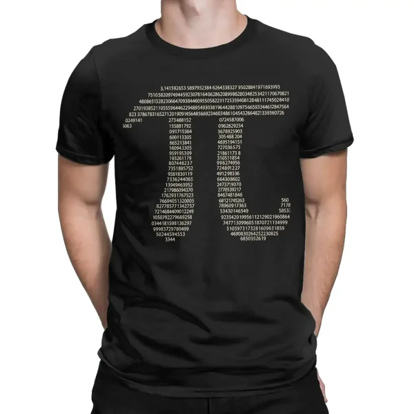 Maglietta nera con numeri e formule matematiche in bianco, ispirata alla scienza e alla matematica, perfetta per appassionati di scienza e cultura nerd.