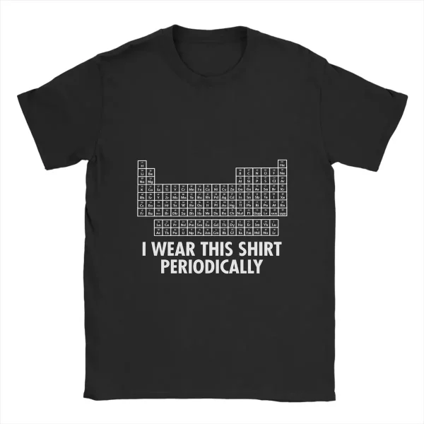 T-shirt nera con grafica della tavola periodica degli elementi e la scritta "I WEAR THIS SHIRT PERIODICALLY".