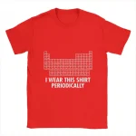 Maglietta rossa con grafico periodico e la scritta "I WEAR THIS SHIRT PERIODICALLY" in bianco, perfetta per appassionati di chimica e scienza.
