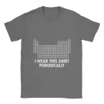 Maglietta grigia con stampa della tavola periodica degli elementi e la scritta "I WEAR THIS SHIRT PERIODICALLY" in bianco.