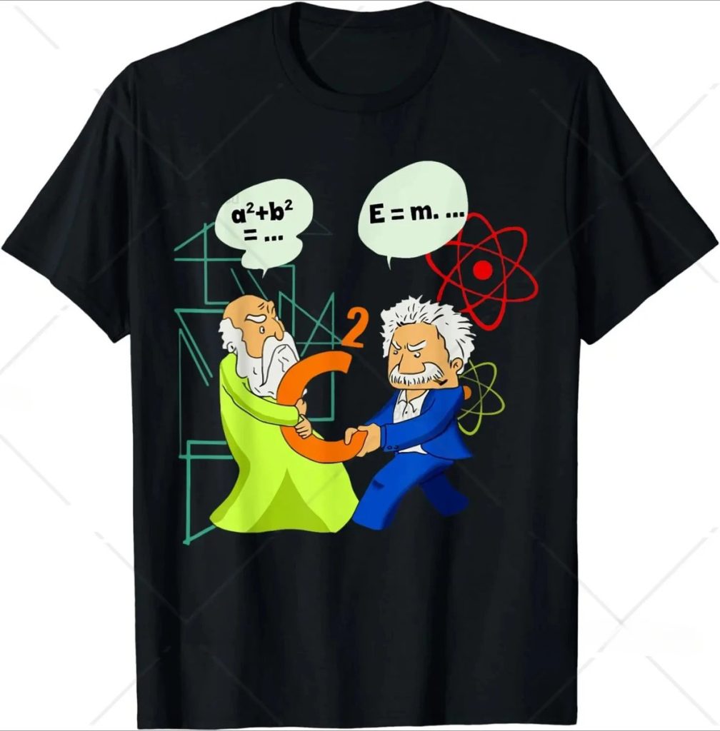 Maglietta con illustrazione di Einstein e Newton che si scambiano un numero 2, con formule scientifiche e simboli atomici sullo sfondo, perfetta per appassionati di scienza e decorazioni scientifiche.