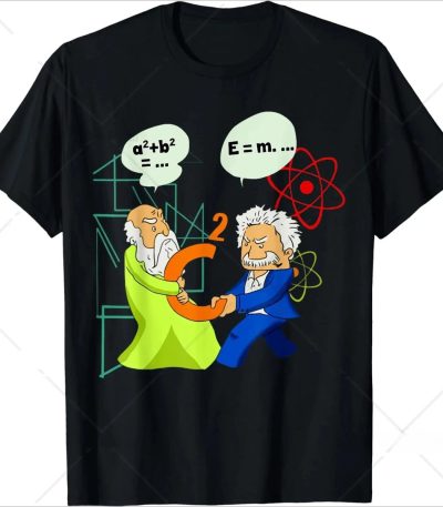 Maglietta con illustrazione di Einstein e Newton che si scambiano un numero 2, con formule scientifiche e simboli atomici sullo sfondo, perfetta per appassionati di scienza e decorazioni scientifiche.