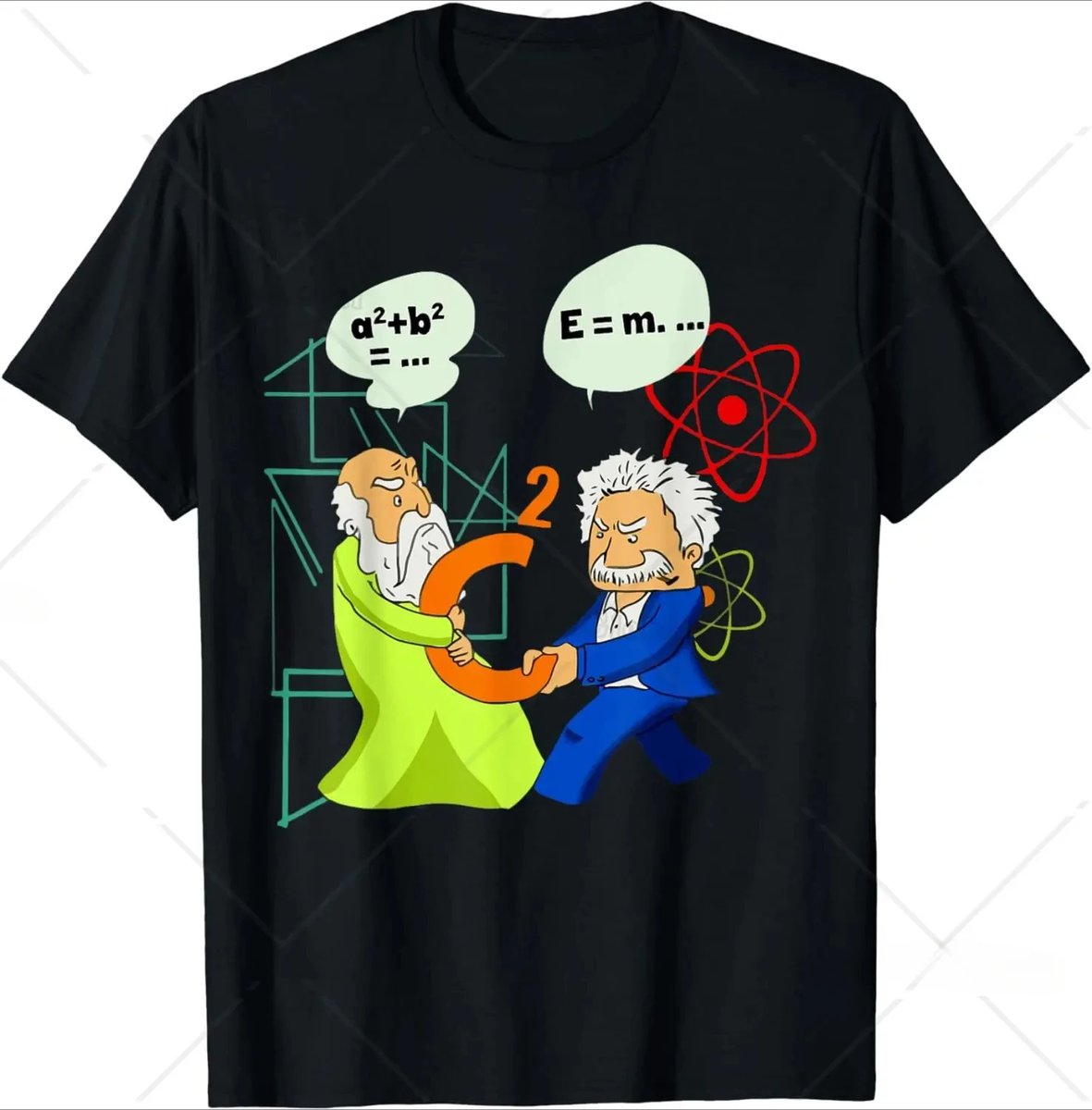 Oggetti Scientifici T-shirt con Einstein e Newton Maglietta con illustrazione di Einstein e Newton che si scambiano un numero 2, con formule scientifiche e simboli atomici sullo sfondo, perfetta per appassionati di scienza e decorazioni scientifiche.