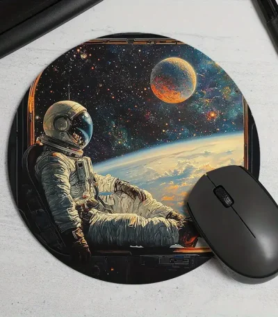 Tappetino da tavolo con immagine di astronauta nello spazio, pianeti e Terra vista dallo spazio, ideale per appassionati di scienza e astronomia.