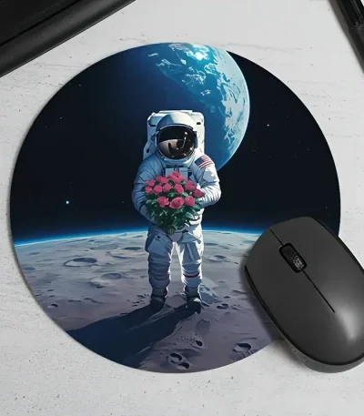 Astronauta in tuta spaziale con bouquet di fiori, sfondo della Terra e dello spazio, oggetto decorativo scientifico.
