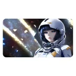 Astronauta femminile in tuta spaziale con sfondo di galassie e stelle.