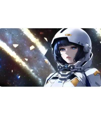 Astronauta femminile in tuta spaziale con sfondo di galassie e stelle.