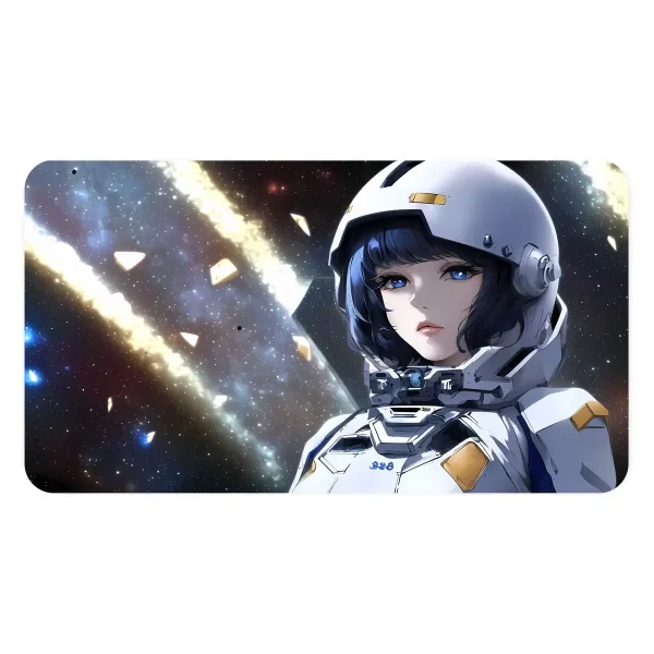 Astronauta femminile in tuta spaziale con sfondo di galassie e stelle.