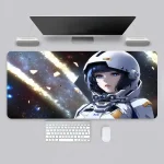 Immagine di un astronauta femminile in tuta spaziale con sfondo di meteore e galassie, ideale come decorazione scientifica moderna.