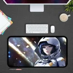 Immagine di un'illustrazione digitale di un'astronauta femminile in un ambiente spaziale, con dettagli futuristici e un'ambientazione cosmica sullo schermo di un tablet.